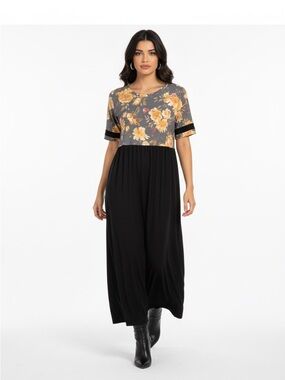 Floral Gray and Black Short-Sleeve Maxi Dress with Yellow Accents